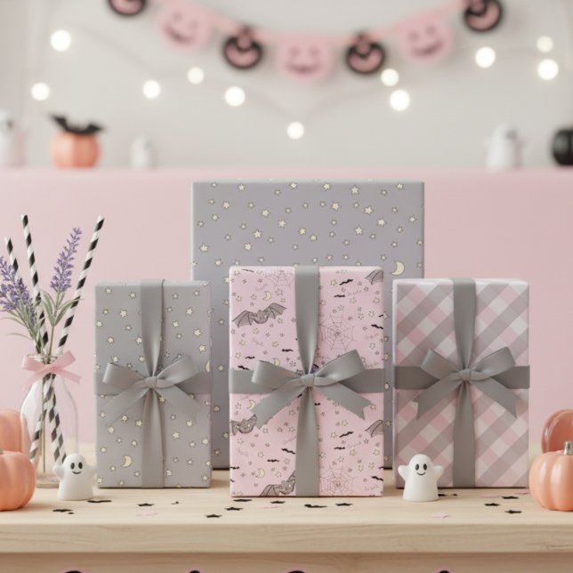 Pink and Grey Baby Halloween Bat, Moon & Gingham Wrapping Paper Sheet (Spooky Halloween Girl Baby Shower Wrapping Paper. Cute Pink & Gray Bats, Stars & Gingham Pattern )