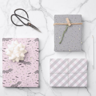 Pink and Grey Baby Halloween Bat, Moon & Gingham Wrapping Paper Sheet