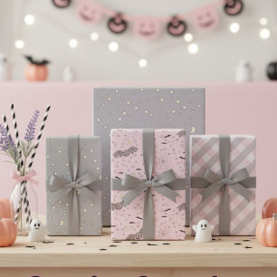 Pink and Grey Baby Halloween Bat Wrapping Paper Sheet