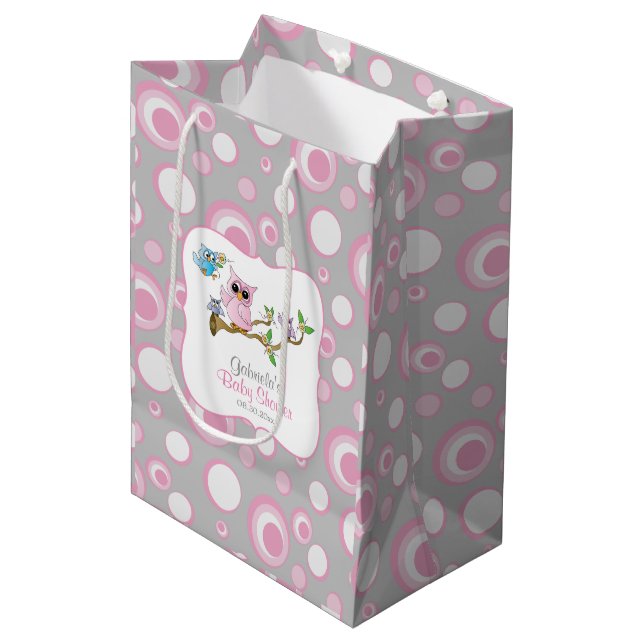 Pink and Grey Baby Owl Baby Shower Medium Gift Bag (Front Angled)