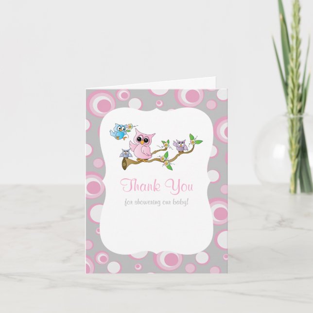 Pink and Grey Baby Owl Baby Shower Thank You Card (Front)