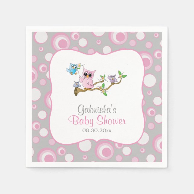 Pink and Grey Baby Owl Baby Shower Theme Napkin (Front)