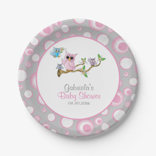 Pink and Grey Baby Owl Baby Shower Theme Paper Plate