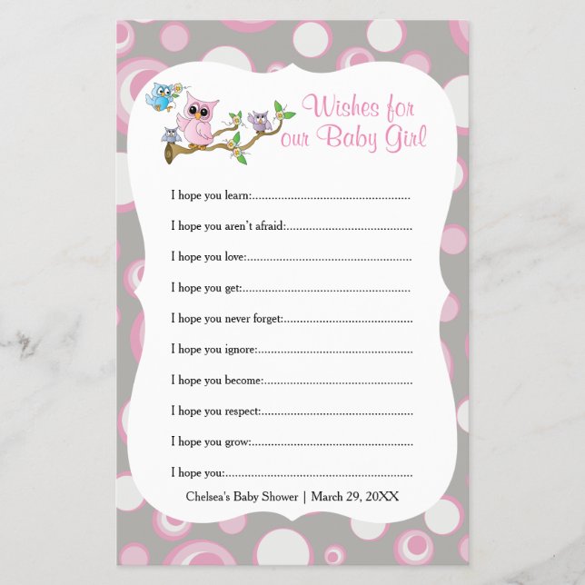 Pink and Grey Baby Owl | Shower Bingo Game Flyer (Front)