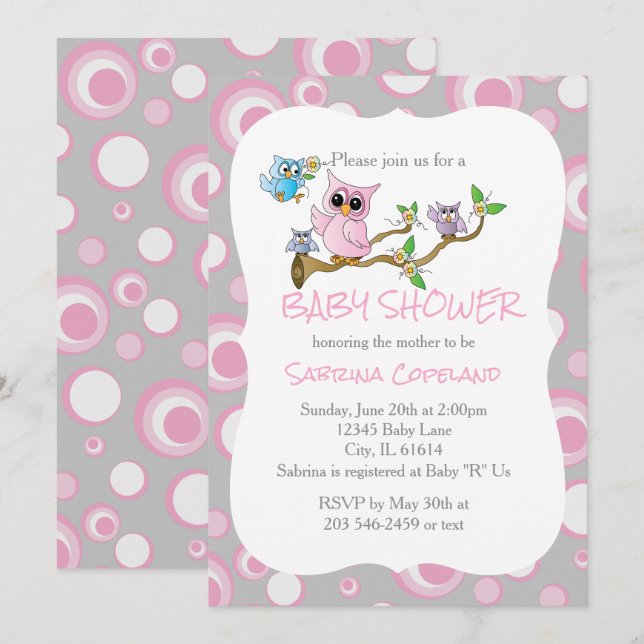 Pink and Grey Baby Owl | Shower Theme Invitation (Front/Back)