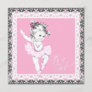 Pink and Grey Ballerina Baby Girl Shower Invitation