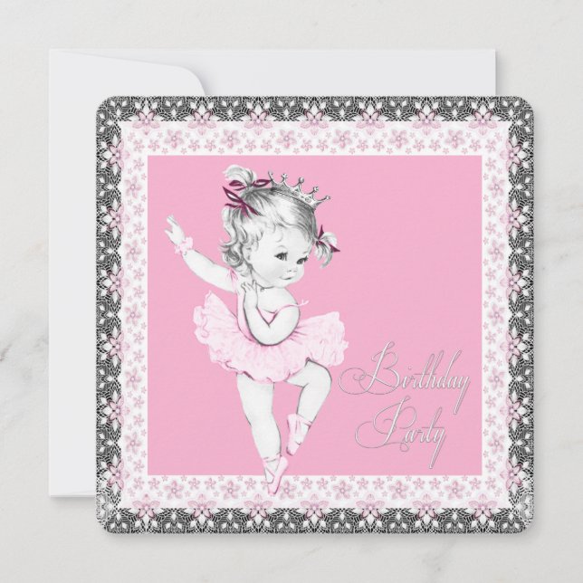 Pink and Grey Ballerina Birthday Party Invitations (Front)