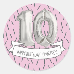 Pink and Grey Balloon Girls 10th Birthday Party Classic Round Sticker