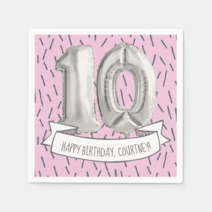 Pink and Grey Balloon Girls 10th Birthday Party Napkin