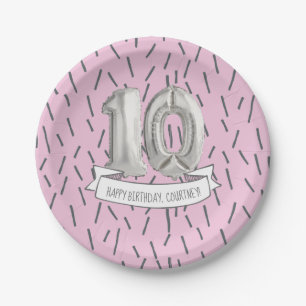 Pink and Grey Balloon Girls 10th Birthday Party Paper Plate