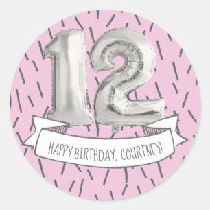 Pink and Grey Balloon Girls 12th Birthday Party Classic Round Sticker