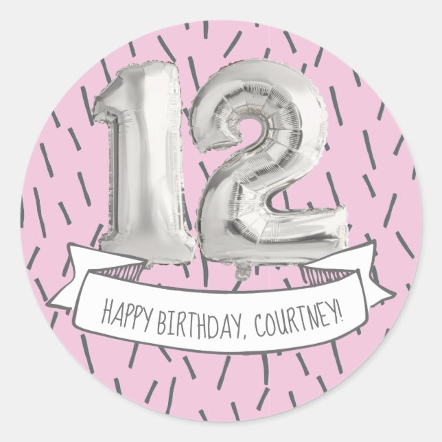 Pink and Grey Balloon Girls 12th Birthday Party Classic Round Sticker (Front)