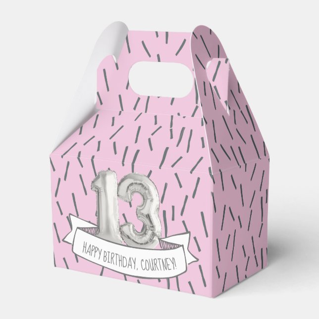Pink and Grey Balloon Girls 13th Birthday Party Favour Box (Front Side)