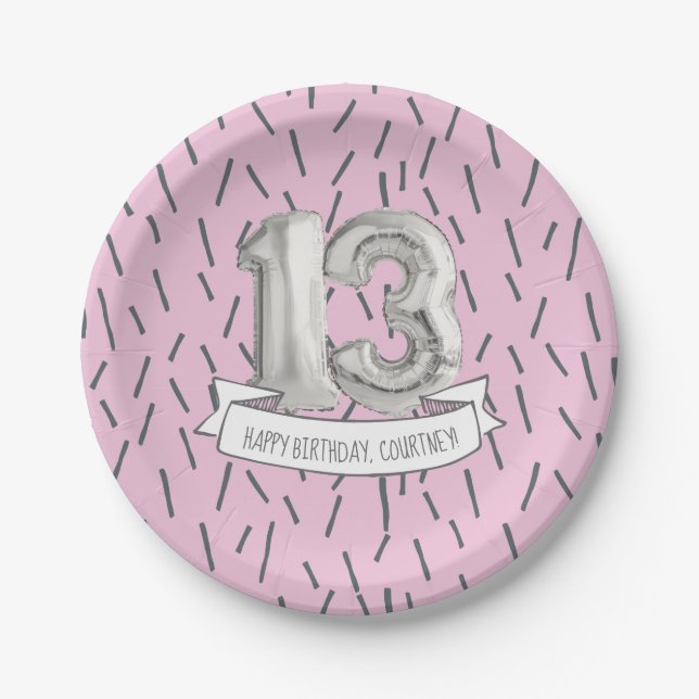 Pink and Grey Balloon Girls 13th Birthday Party Paper Plate (Front)