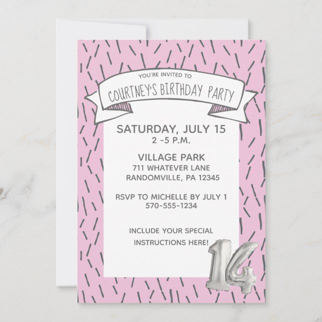 Pink and Grey Balloon Girls 14th Birthday Party Invitation (Back)
