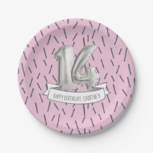 Pink and Grey Balloon Girls 14th Birthday Party Paper Plate