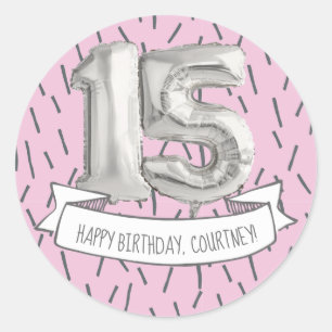 Pink and Grey Balloon Girls 15th Birthday Party Classic Round Sticker