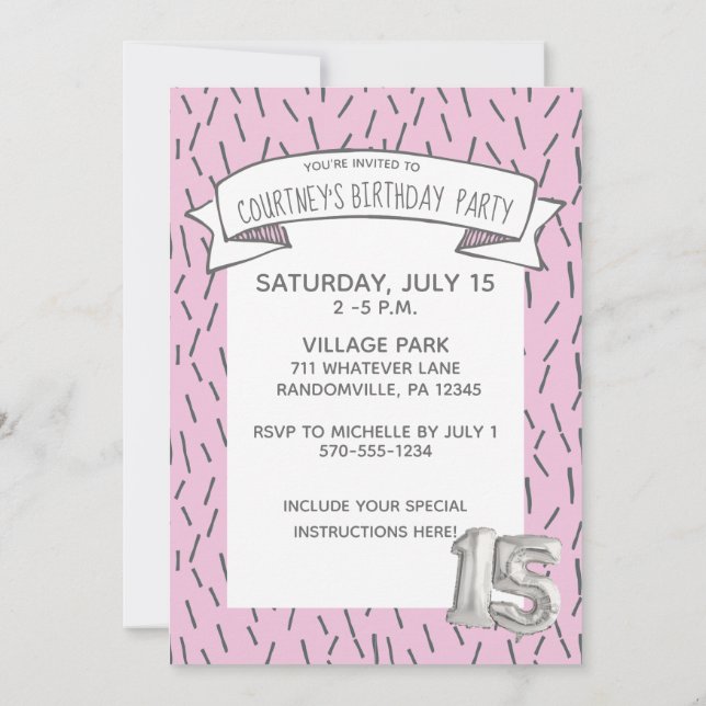 Pink and Grey Balloon Girls 15th Birthday Party Invitation (Back)