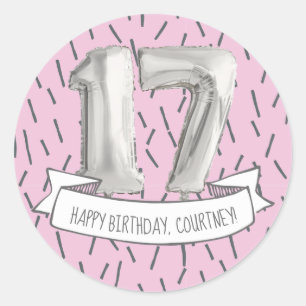 Pink and Grey Balloon Girls 17th Birthday Party Classic Round Sticker