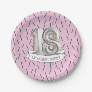 Pink and Grey Balloon Girls 18th Birthday Party Paper Plate