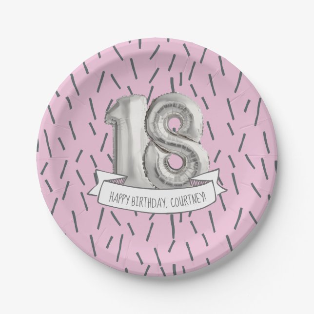 Pink and Grey Balloon Girls 18th Birthday Party Paper Plate (Front)