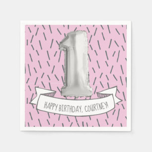 Pink and Grey Balloon Girls 1st Birthday Party Napkin