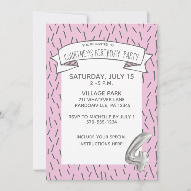 Pink and Grey Balloon Girls 4th Birthday Party Invitation (Back)