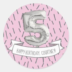 Pink and Grey Balloon Girls 5th Birthday Party Classic Round Sticker