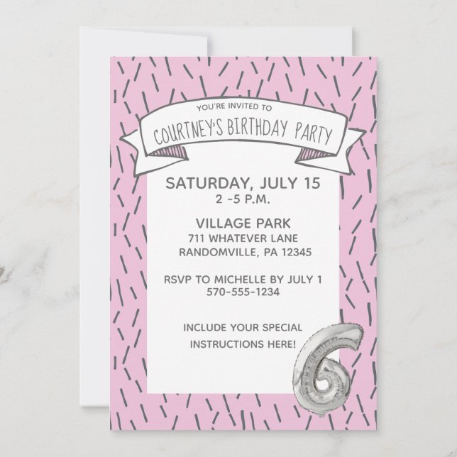 Pink and Grey Balloon Girls 6th Birthday Party Invitation (Back)