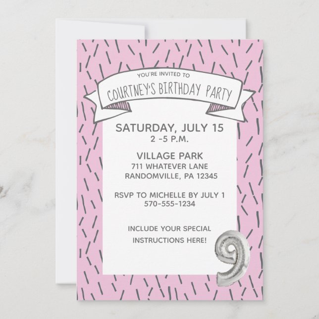 Pink and Grey Balloon Girls 9th Birthday Party Invitation (Back)