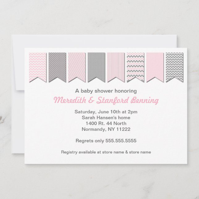 Pink and Grey Banner Baby Shower / Birthday invite (Front)