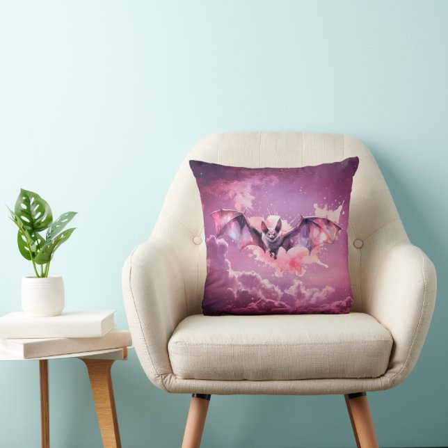 Pink and Grey Bat Pink Clouds Stars Halloween Cushion (Chair)