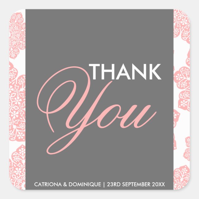 Pink and Grey Batik Flowers Thank You Sticker (Front)