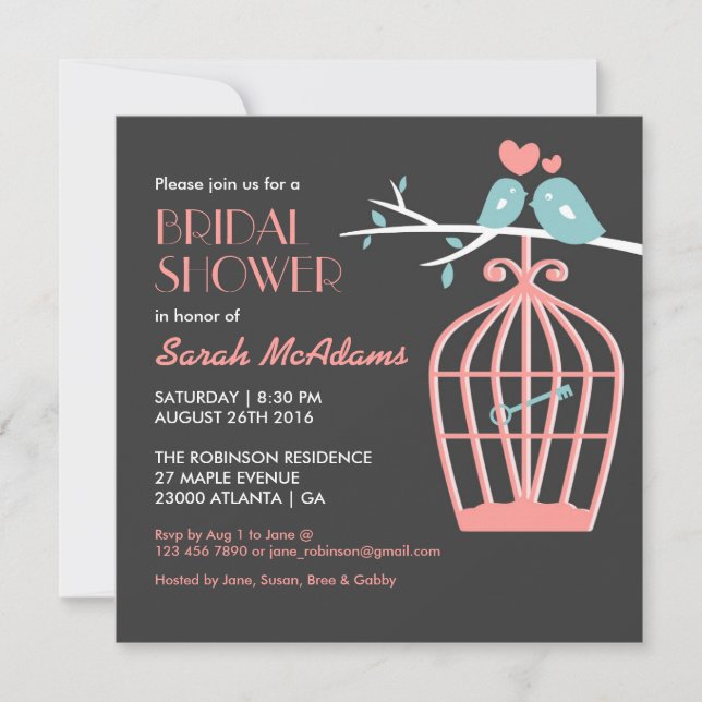 Pink and Grey Bird Cage Lovebirds Invitation (Front)