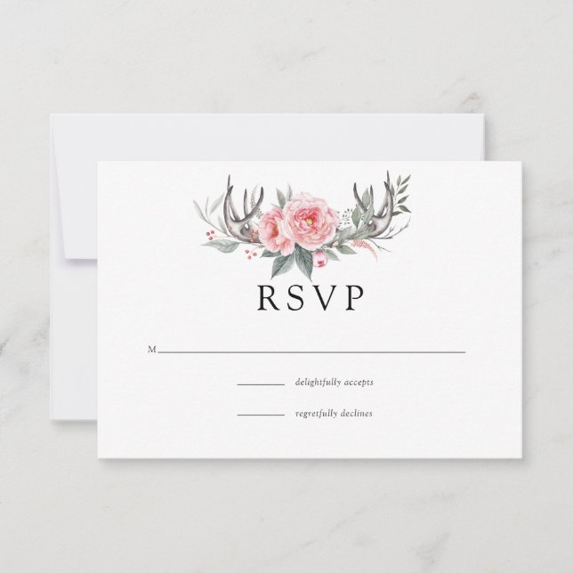 Pink and Grey Boho Floral Wedding RSVP Card (Front)