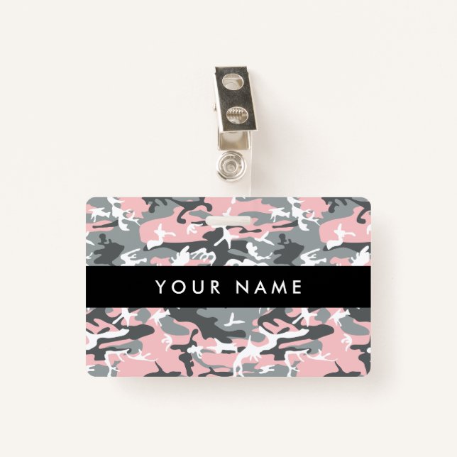 Pink and Grey Camouflage, Military, Army ID Badge (Front with Clip)