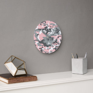 Pink and Grey Camouflage, Military, Army Round Clock