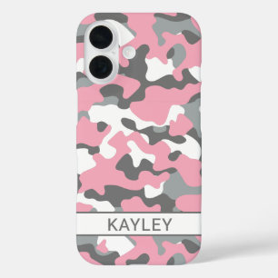 Pink and Grey Camouflage Personalised iPhone 16 Case