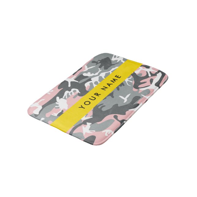 Pink and Grey Camouflage Your name Personalise Bath Mat (Angled)