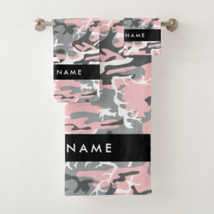 Pink and Grey Camouflage Your name Personalise Bath Towel Set