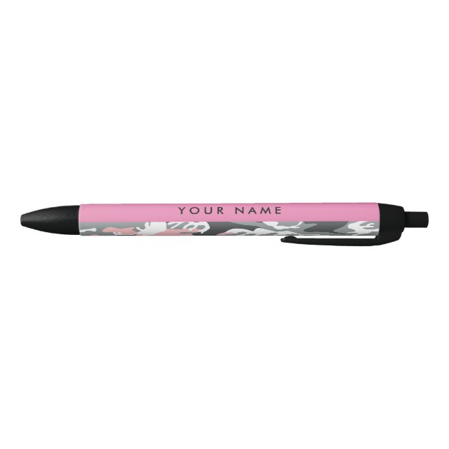 Pink and Grey Camouflage Your name Personalise Black Ink Pen (Bottom)