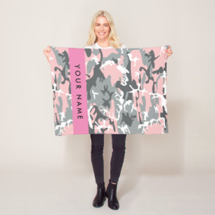 Pink and Grey Camouflage Your name Personalise Fleece Blanket