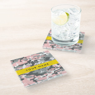 Pink and Grey Camouflage Your name Personalise Glass Coaster