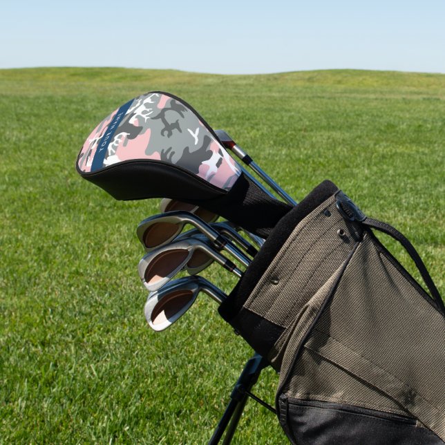 Pink and Grey Camouflage Your name Personalise Golf Head Cover (In Situ)