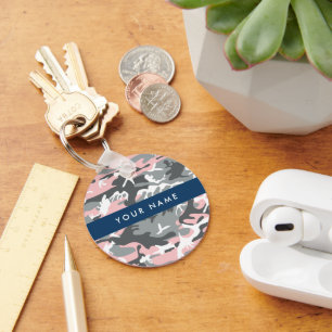 Pink and Grey Camouflage Your name Personalise Key Ring