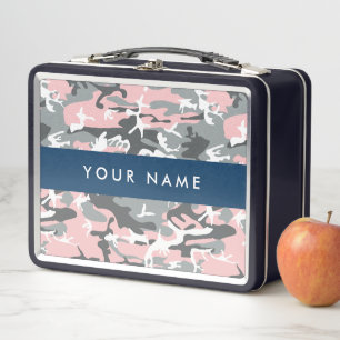 Pink and Grey Camouflage Your name Personalise Metal Lunch Box