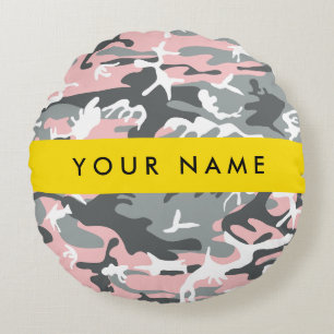 Pink and Grey Camouflage Your name Personalise Round Cushion