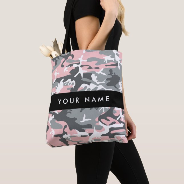Pink and Grey Camouflage Your name Personalise Tote Bag (Close Up)
