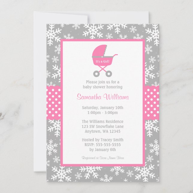 Pink and Grey Carriage Snowflakes Baby Shower Invitation (Front)