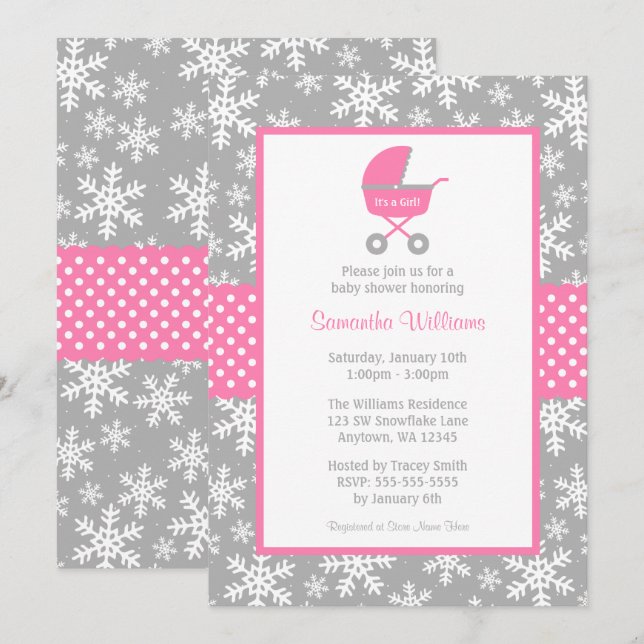 Pink and Grey Carriage Snowflakes Baby Shower Invitation (Front/Back)